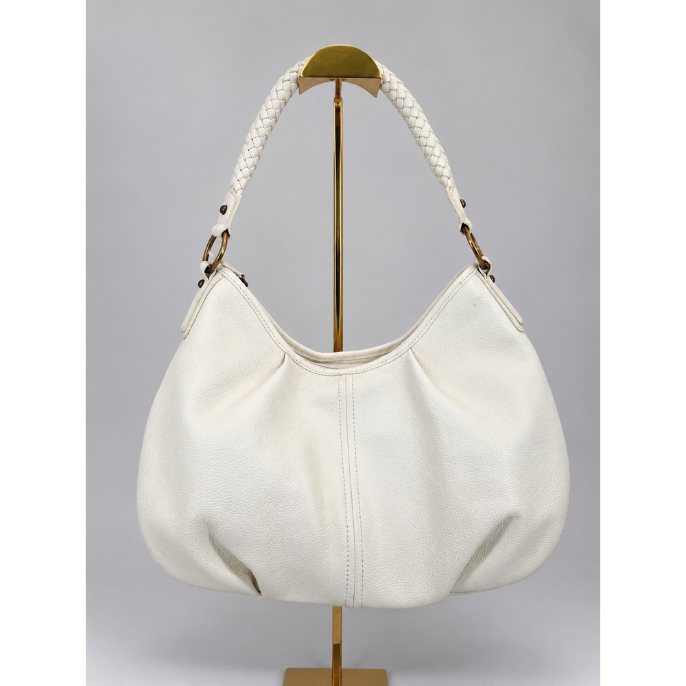 Talbots White Pebbled Leather Hobo Bag Braided Handle Shoulder Purse